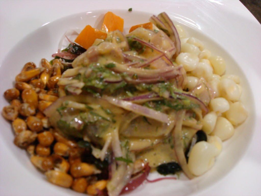 Sea Bass Ceviche with white Peruvian corn and "corn nuts"