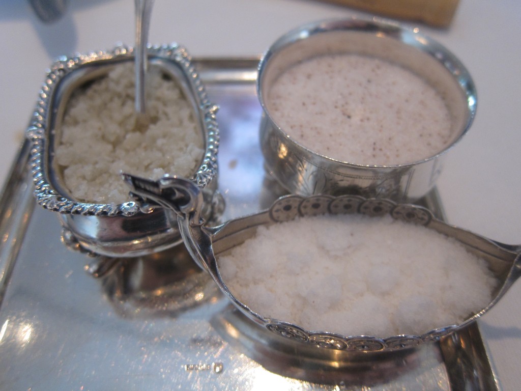 Trio of gourmet salts to accompany brioche and Moulard Duck "Foie Gras Au Torchon" with Gros Michel Banana, Sicilian Pistachios, Oxalis, Black Truffle and Bourbon Maple Syrup (pictured on top)