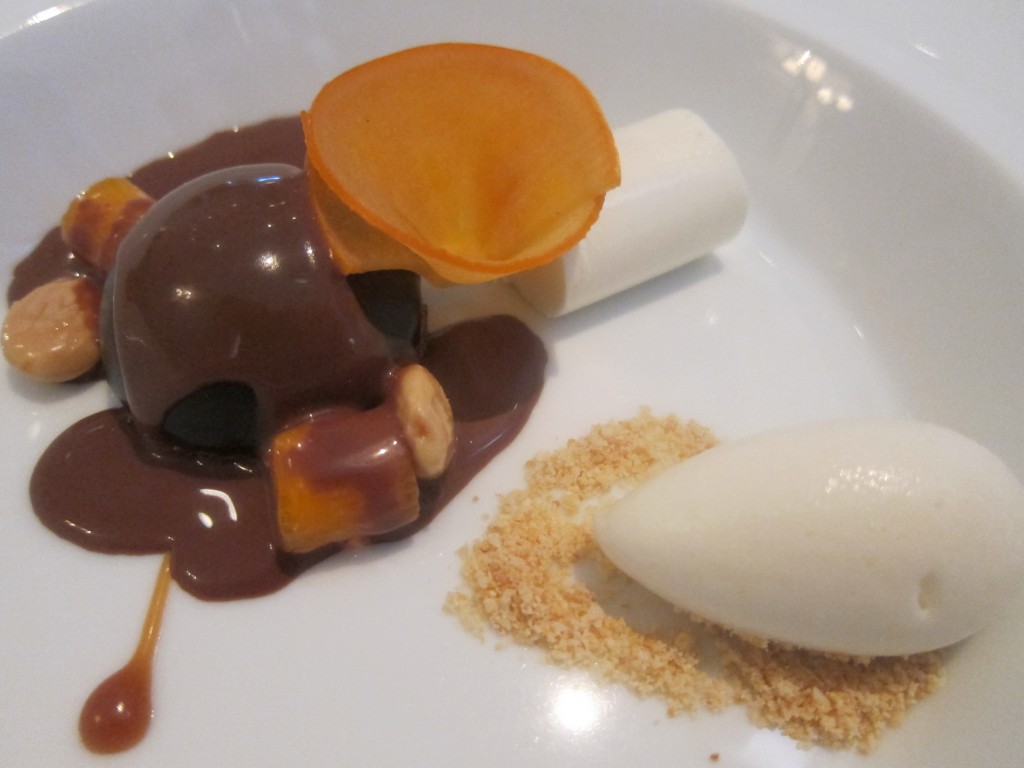 Alpaco "Mousse au Chocolat" with Spice Pudding, "Panna Cotta," Fuyu Persimmon and Marcona Almond "Glacee"