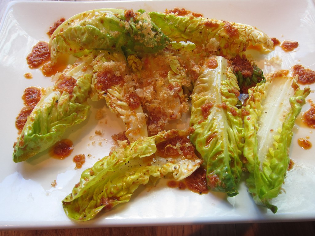 Little Gem Salad with little gem lettuce, cracklins & nduja vinagrette