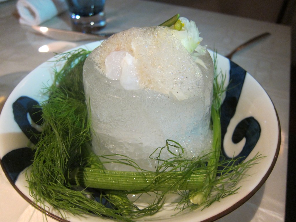 "Yagara Fish \ Anise" -- Japanese imported Flute Fish, Heirloom Fennel, Black Rice Pickled Froth and Cucumber Flower