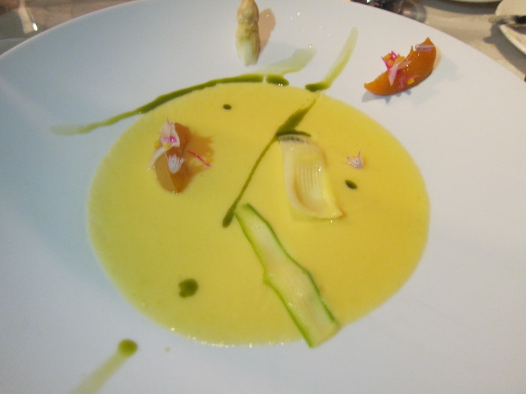 "White Asparagus \ Apricot" -- Chilled Asparagus Soup, Pickled Apricot, Arugula