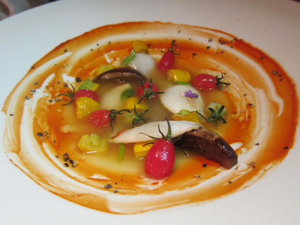 "Ratatouille \ Tomato" -- Dehydrated Vegetable Ratatouille, Japanese Tomato, Lemon Basil, Squash Broth