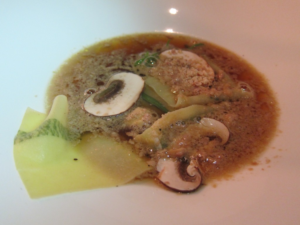 "Foie Gras \ Tarragon" -- Dry-Aged Beef "Bouillon," Foui Gras Fondue, Tarragon Printed Pasta, Crimini Mushroom