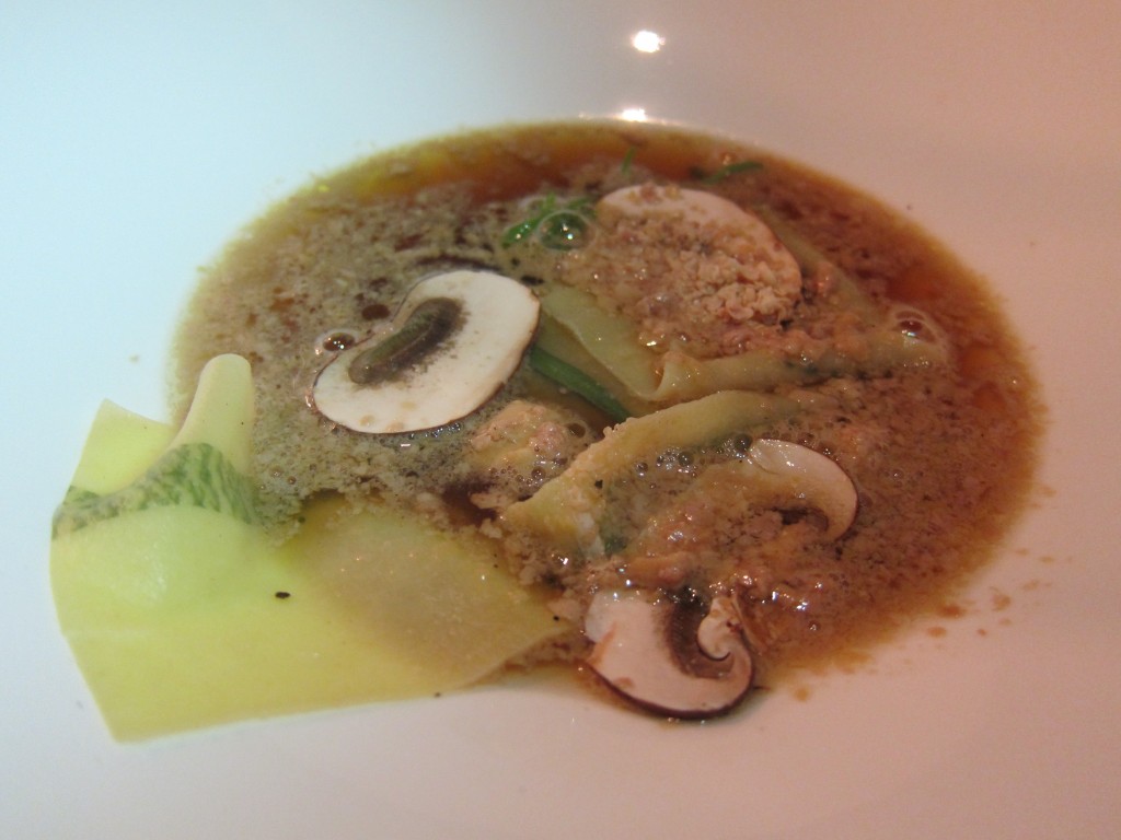 "Foie Gras \ Tarragon" --  Dry-Aged Beef "Bouillon," Foui Gras Fondue, Tarragon Printed Pasta, Crimini Mushroom