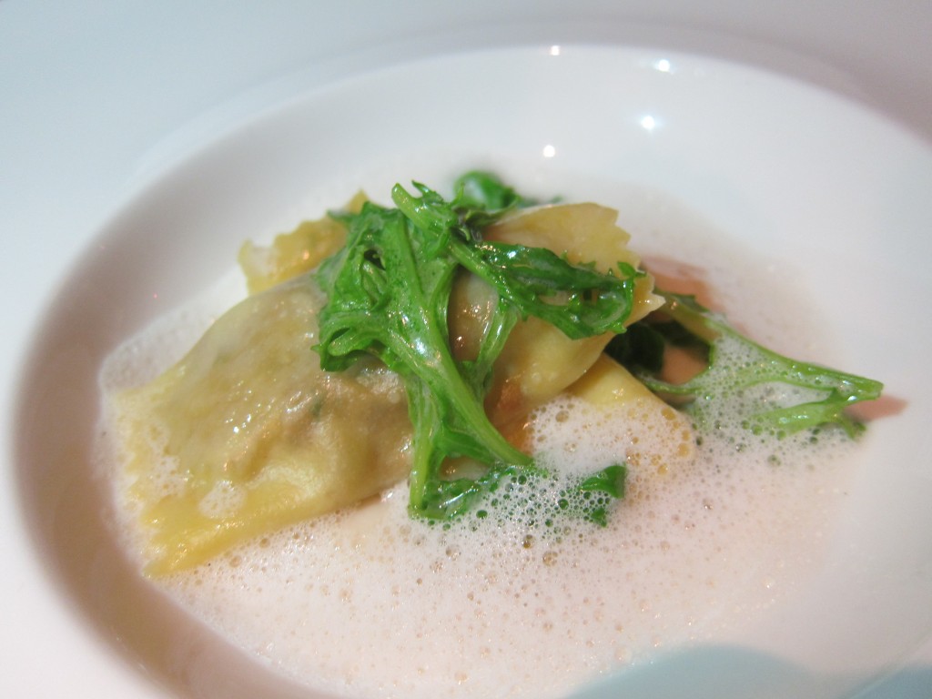 "Cepes / Chamomile" -- Porcini Filled Agnolotti, Curly Mustard Greens, Chamomile Jus