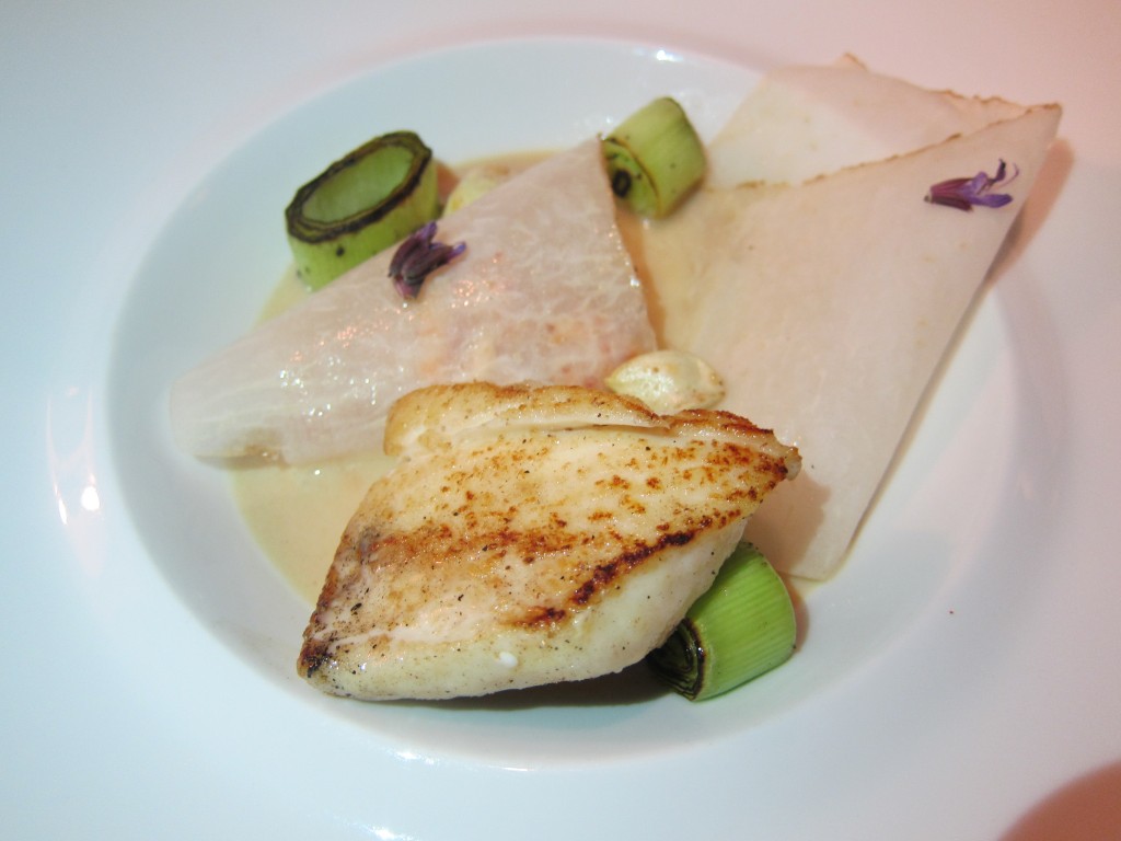 "Halibut / French Leeks" -- "MR" Seared Halibut Filet, Ajo Dungeness Crab, Charred French Leeks