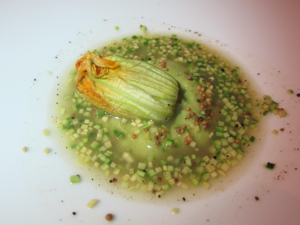 "Guinea Egg / Zucchini Blossom" -- Poached Guinea Hen Egg, Zucchini Blossom, English Pea Puree