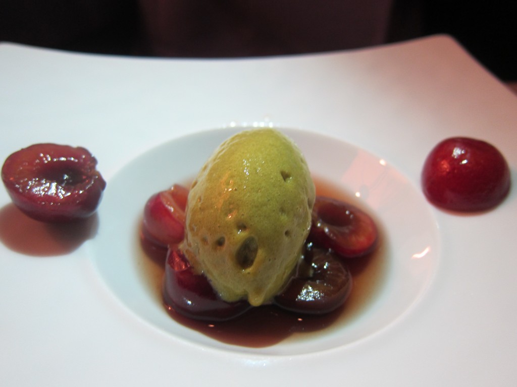 "Cherries / Sorrel" -- Sorrel Sorbet and Marinated Black Cherries, Mint - Vanilla