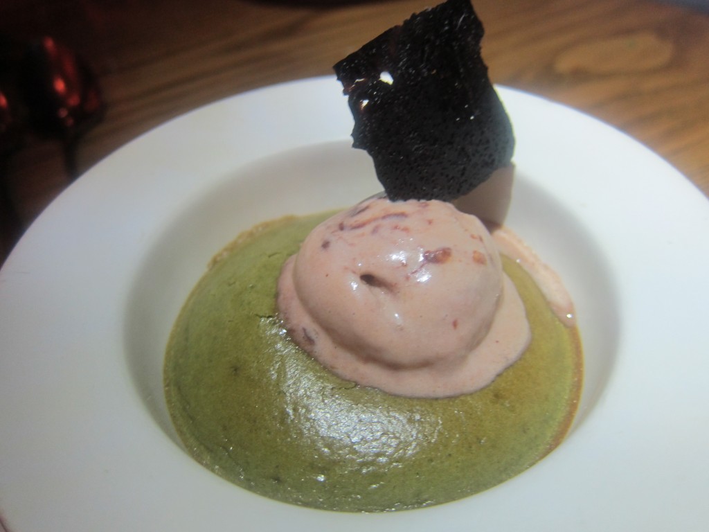 Warm Pistachio Souffle with Amaretto and Hazelnut Gelato and Pine Nut Opaline