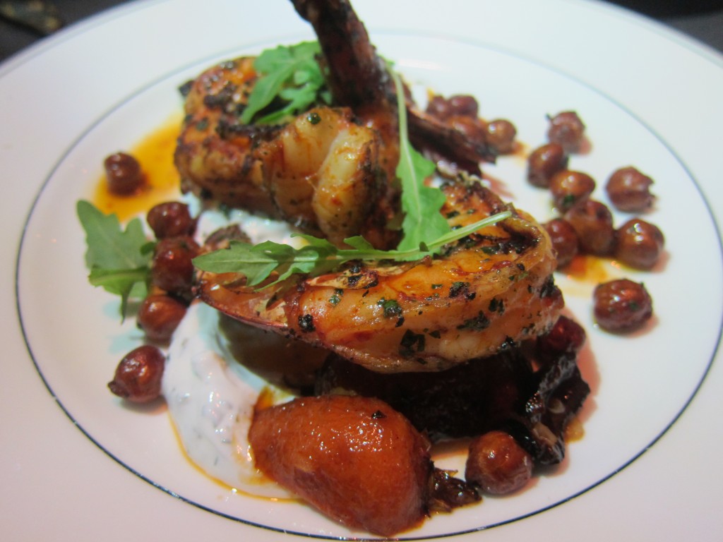 Grilled Shrimp with Moorish Carrots, Fried Chickpeas, Cured Black Olives & Mint Yogurt