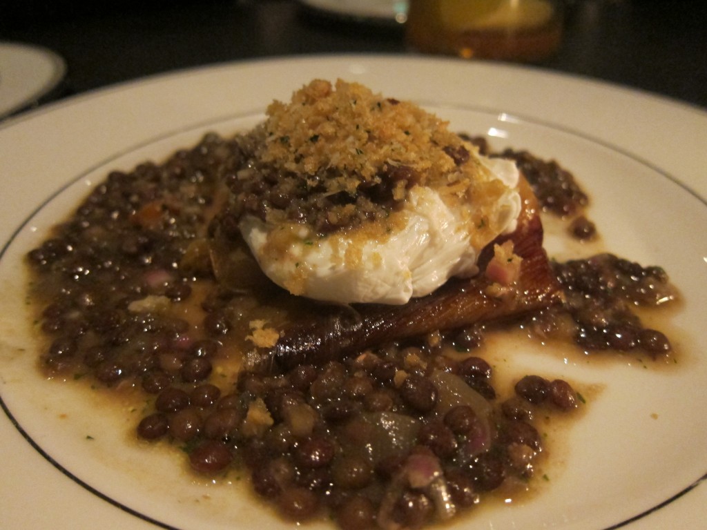 Poached Egg with Leeks, Lentils, Mustard Vinaigrette and Parmesan Breadcrumbs