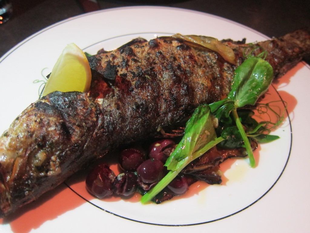 Grilled Branzino with Marinated Eggplant, Pea Tendrils and Olives