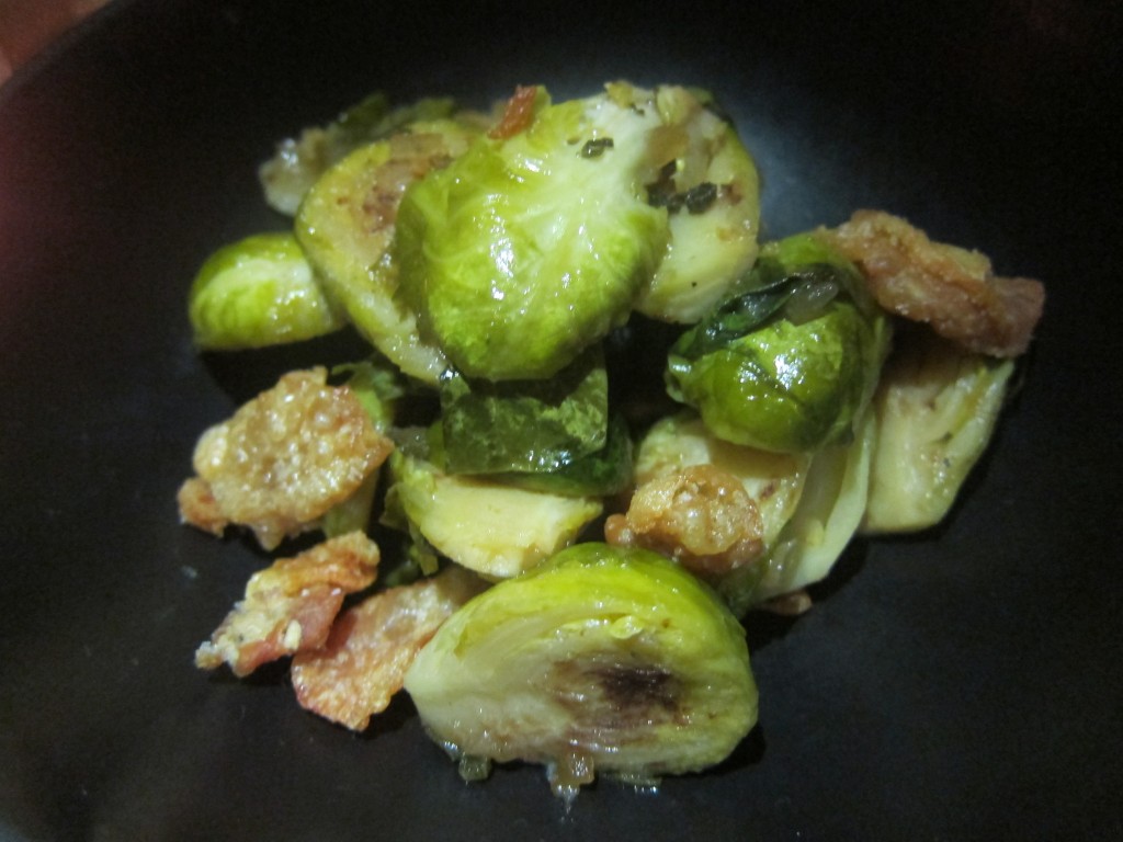 Apple Cider Braised Brussels Sprouts with sage and crispy chicken skin