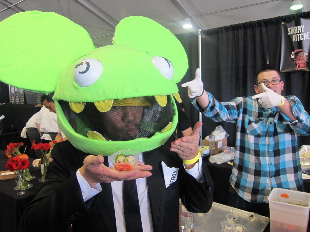 Nguyen Tran from Starry Kitchen served Shrimp Chips with Grill Beef Bites in a homemade costume.