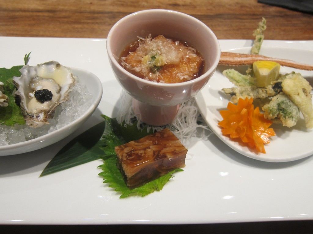 Uni Three Ways (Kumamoto Oysters with Uni and Caviar, Uni Goma Tofu with Jellied Tuna, and Uni and Vegetable Tempura