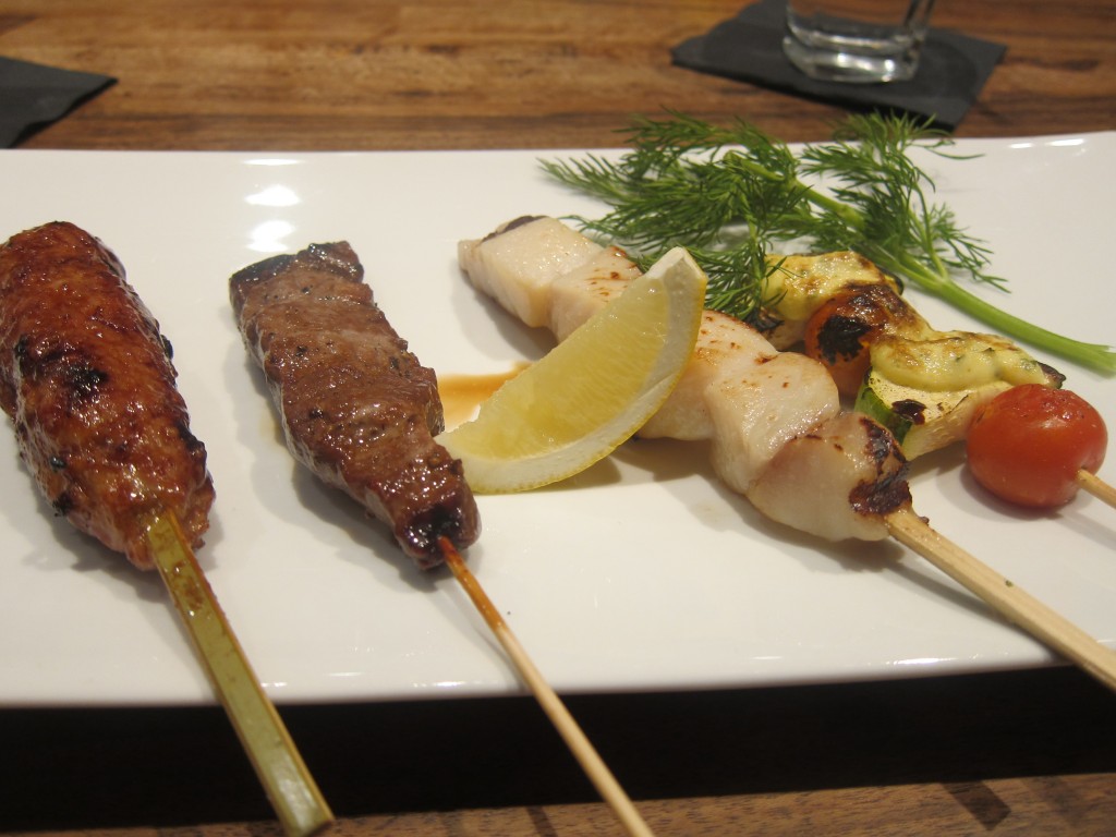 Assorted Sumiyaki (Miso Black Cod, Angus Beef, Tsukune, and Zucchini  with Cherry Tomato)