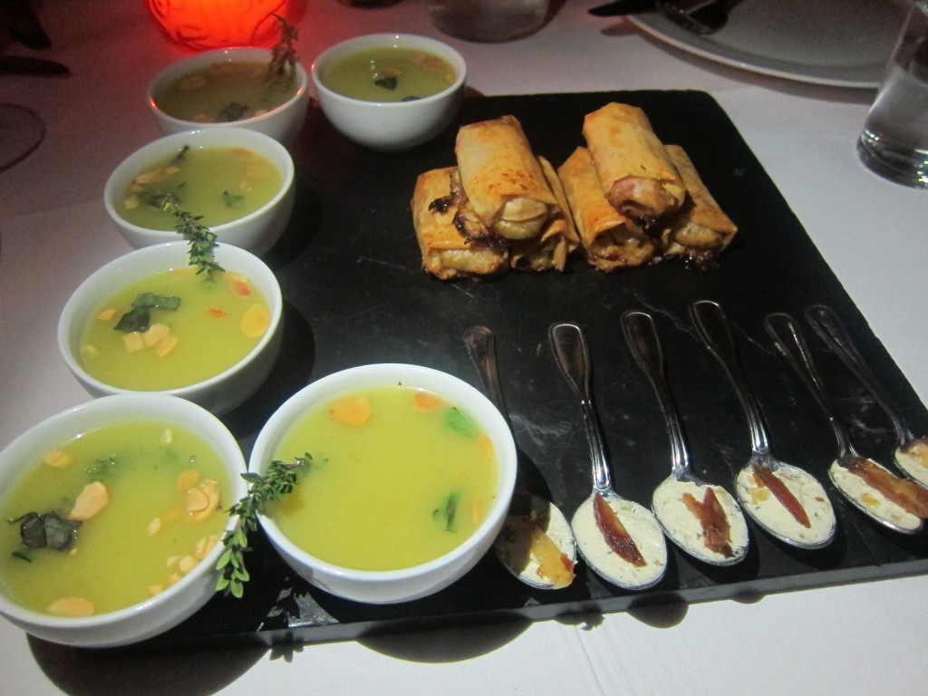 Amuse Bouche:  Asparagus Soup, Goat Cheese with Dates, and Vegetable Cigars