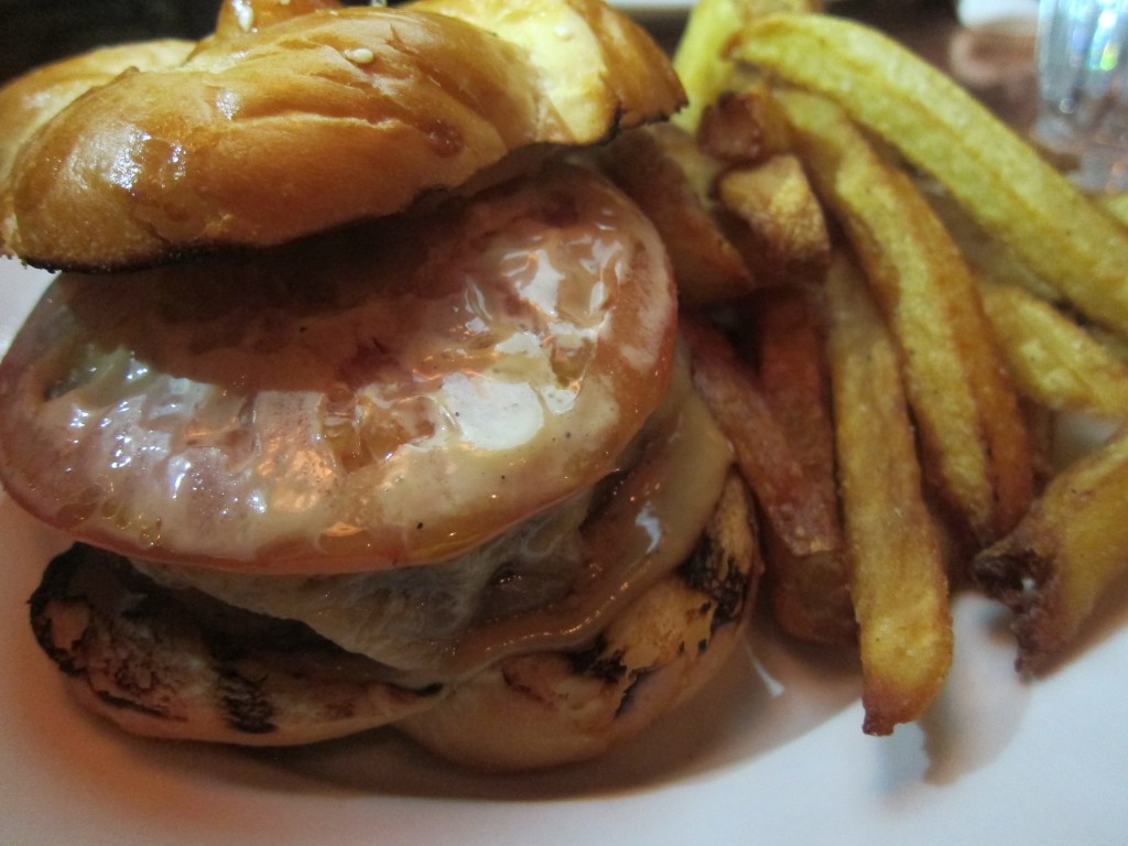 Char-Grilled Beef Burger with Bandaged Cheddar, Tomato, Worcestershire Aioli and Chips