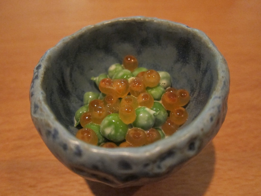 English Peas with Miso Marinade and Cured Salmon Roe