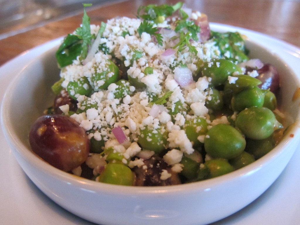 English Peas & Black Grapes with Crema, Arbol and Pea Tendril