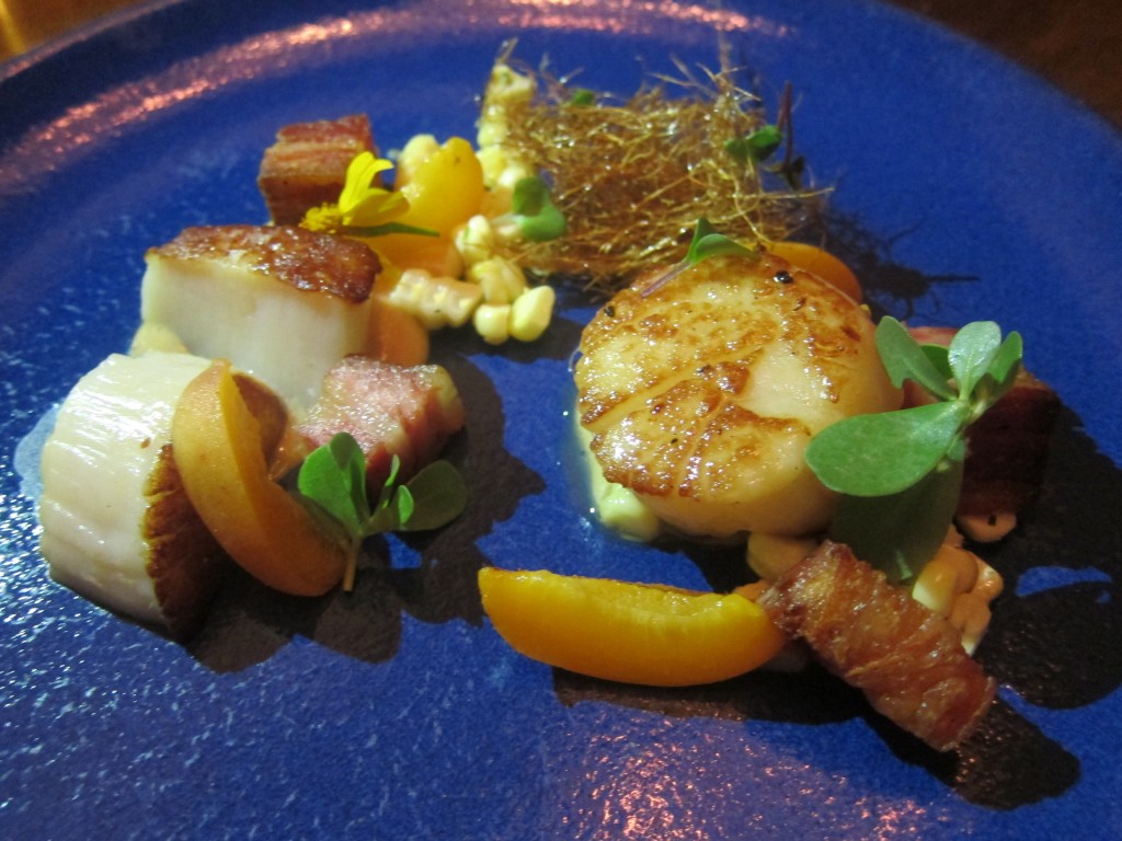 Grilled Scallops, Smoked Pork, Corn, Miso and Apricot