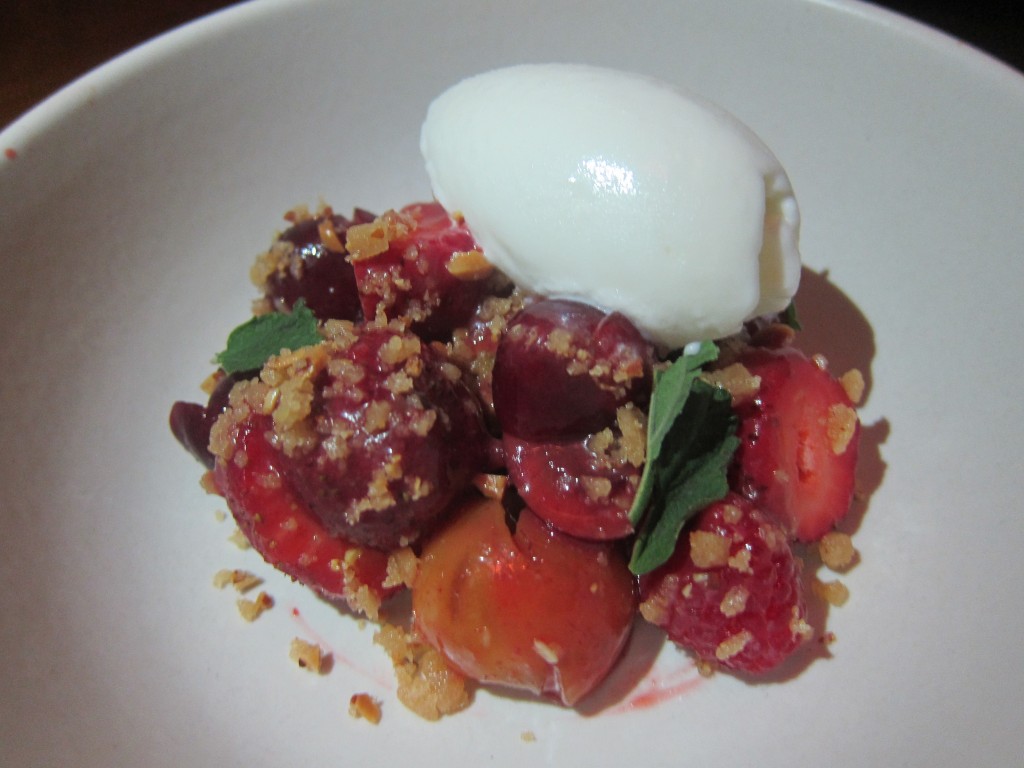 Warm Rye Bread Pudding with Red Fruits, Almond Brittle and Frozen Yogurt