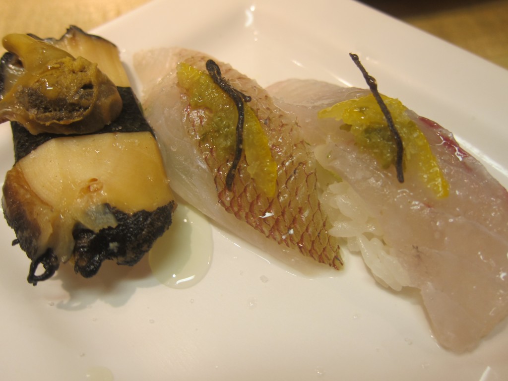 Baby Abalone Sushi, Baby Red Snapper Sushi and Japanese Sea Bass Sushi