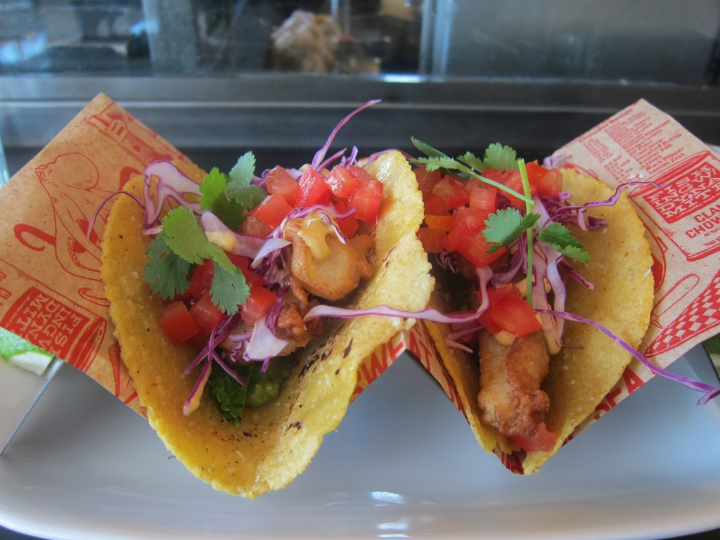 Beer Battered Mahi Mahi Fish Tacos with Red Cabbage and Spicy Crema with Lime and Cilantro on Housemade Corn Tortillas