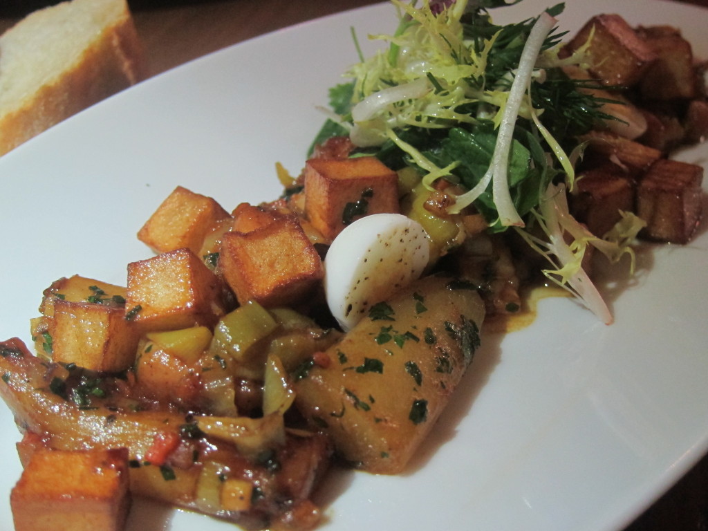 Sauteed Veal Sweetbreads with Salsify, Yukon Gold Potatoes, Quail Egg, Melted Leeks and Black Truffle Oil