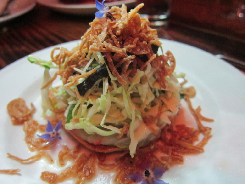 Kampachi Tostada, Herbs, Fish Sauce Vinaigrette, Peanut