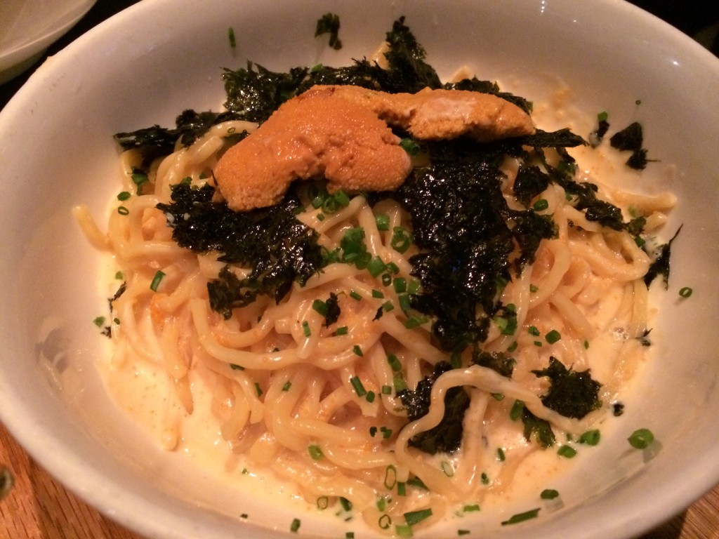 Uni Pasta with Cream, Fish Roe, Chives, Dried Seaweed