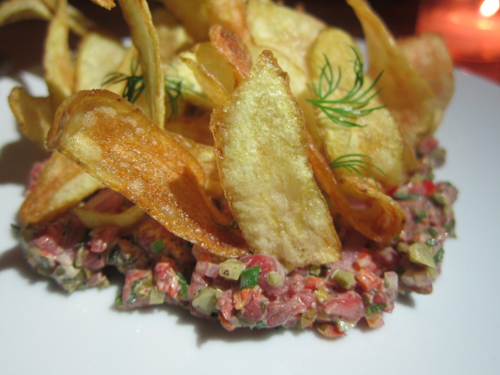 Grass-Fed Beef Tartare with Tarragon Aioli, Pickled Red Onion and Potato Chips