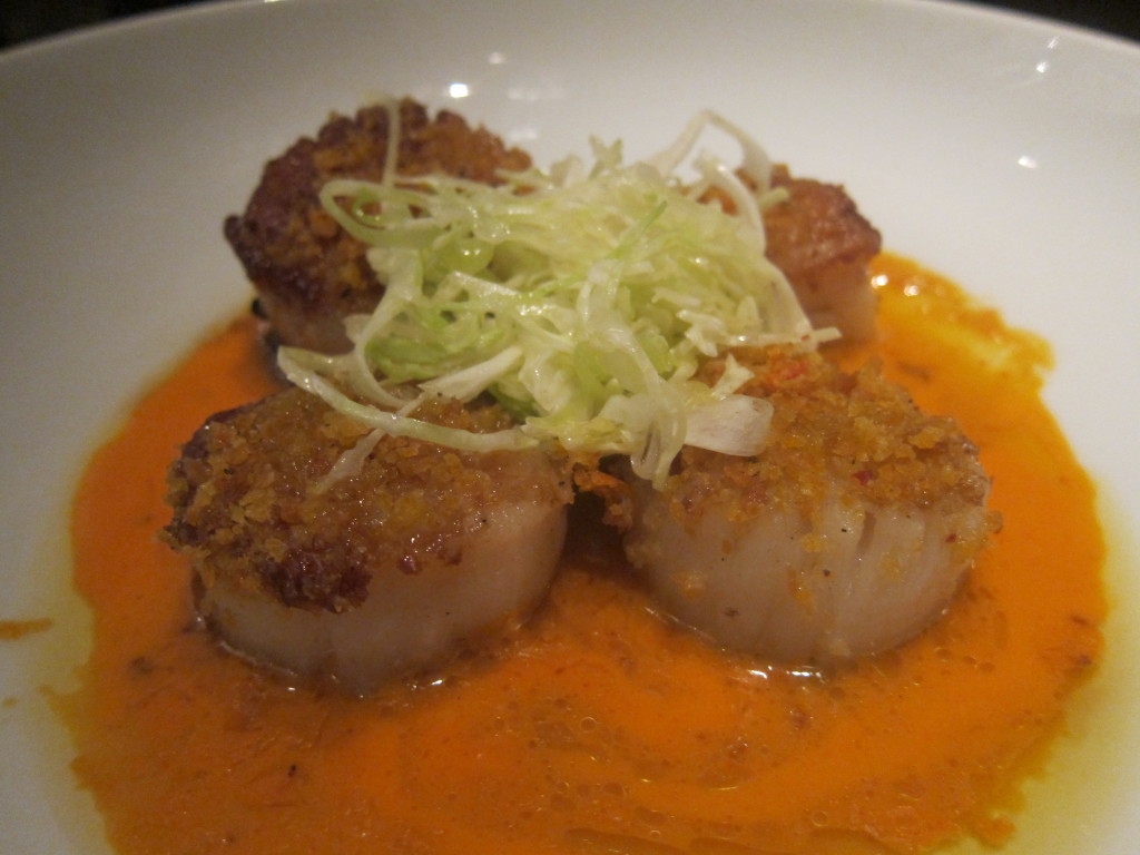 Cappe Sante (Pan Roasted Sea Scallops with Cabbage Salad, Aromatic Bread and Bell Peppers)