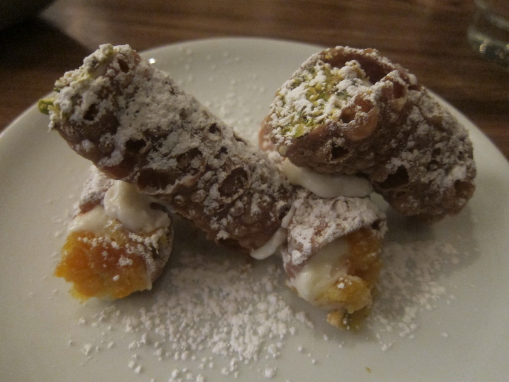 Cannolis with Ricotta filling, Pistachios and Orange Marmalade