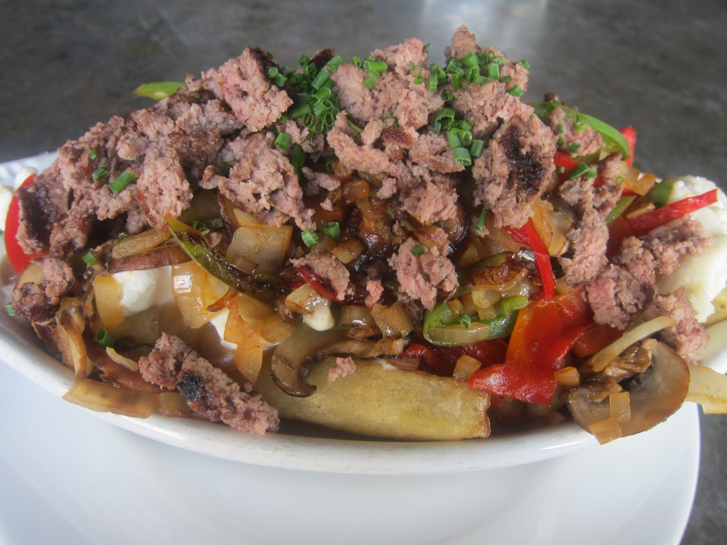 Poutine with Ground Beef and Sauteed Onions, Peppers & Mushrooms