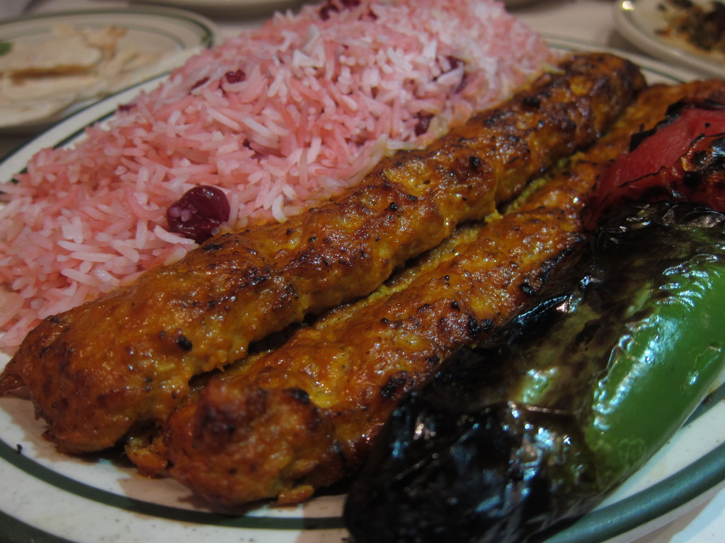 Chicken Koobideah Kabob with Albaloo Polo (Rice mixed with Black Cherries)