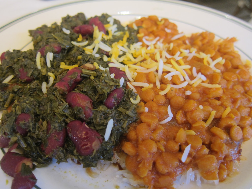 Gheimeh Bademjan (chunks of beef, split peas, fried onion and eggplant served with rice) and Ghormesabzi (mixture of sautéed herbs, consisting of parsley, leek, fenugreek leaves, cooked with beef chunks, kidney beans, and pierced dehydrated limes)