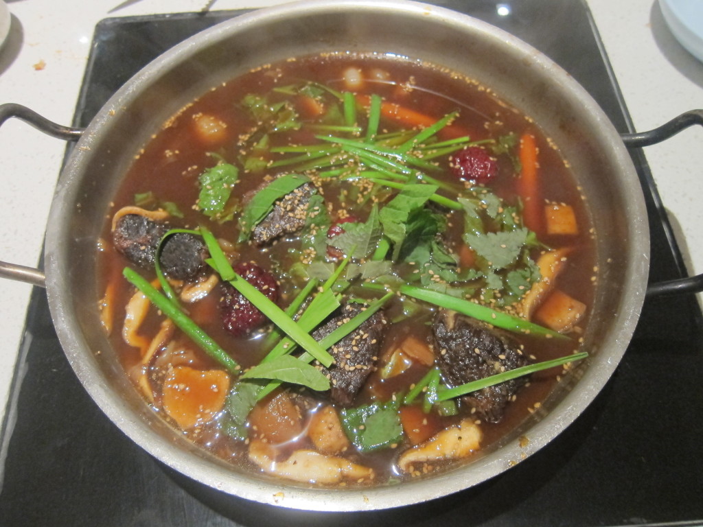 "Shorty" Hot Pot with Braised Galbi, Chestnuts, Dates, Taro,  Carrots, Turnips, Scallion and Sesame