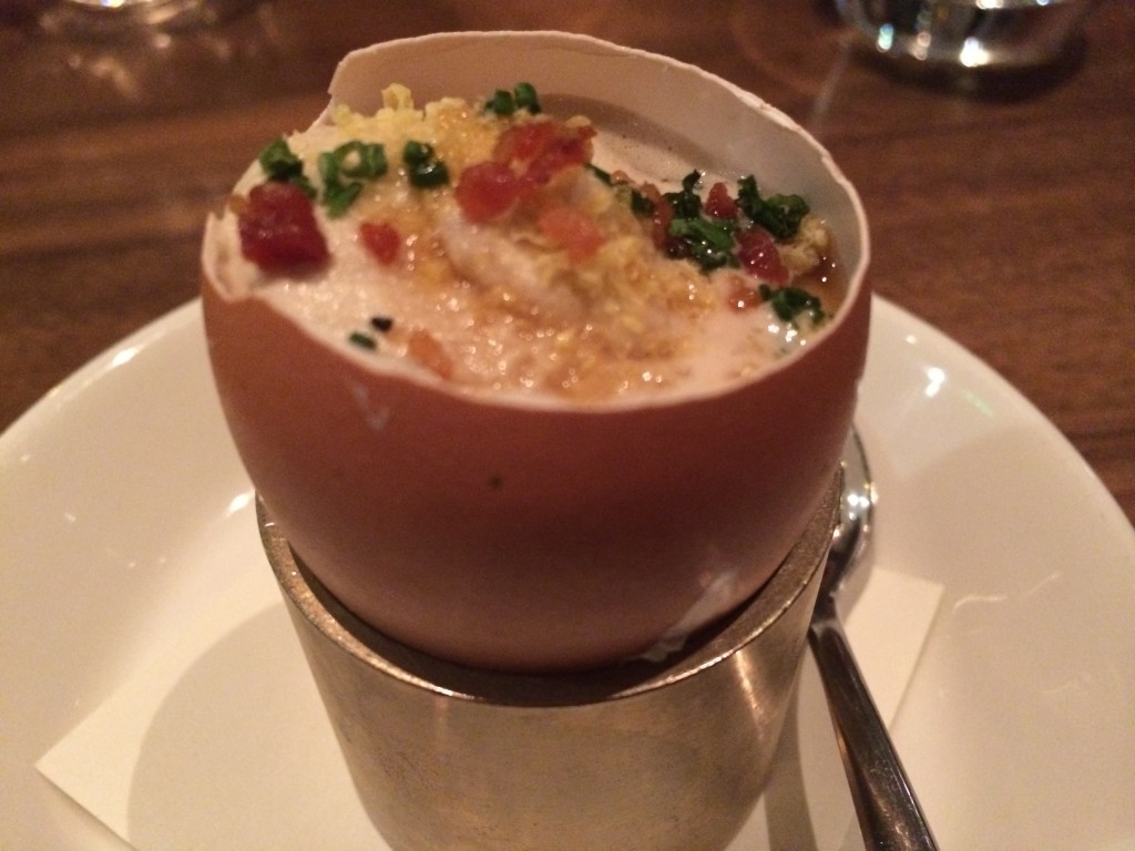 "Breakfast in a Shell" (Coddled Egg, Maple Syrup, Pancetta, Semolina and Balsamic Whipped Cream)