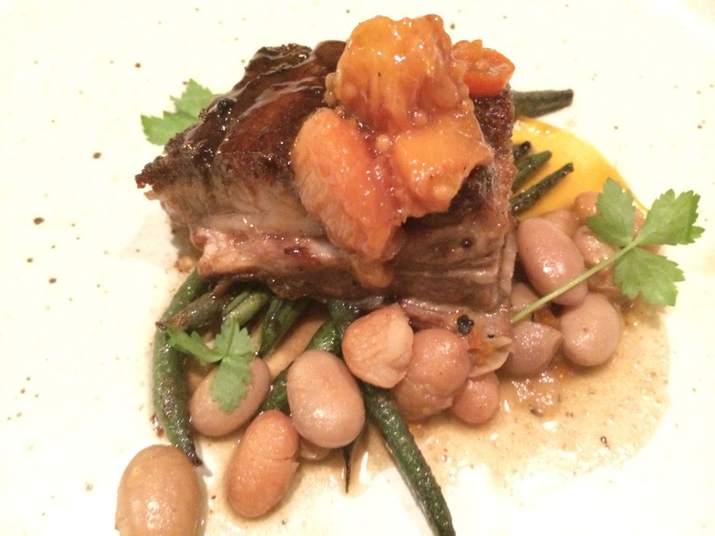 Braised Lamb Belly with Cranberry Beans, Hericot Vert and Nectarine Bustarda