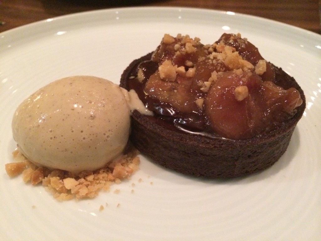 Chocolate Caramel Crostada with Candied Banana, served with Banana Rum Ice Cream and Peanut Toffee