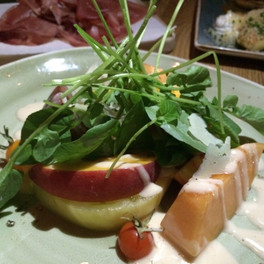 Heirloom Tomato, Melon and Peach Salad with Sheeps Milk Gouda, Pickled Peach Vinaigrette and Watercress