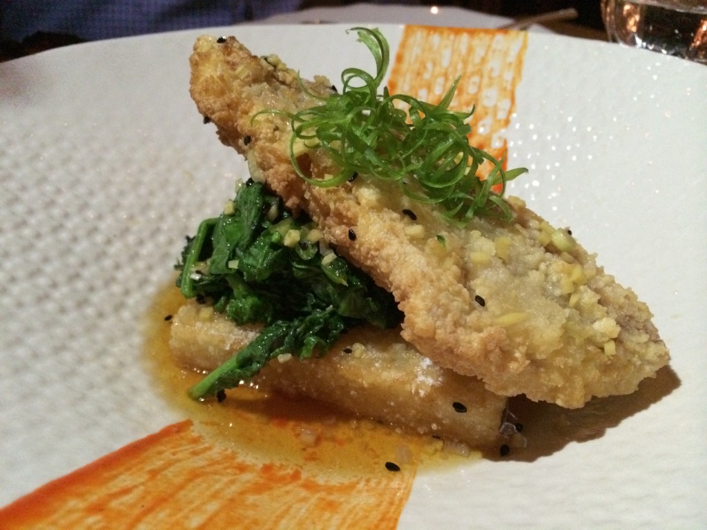 Tapioca Crusted Tai Snapper with Broccoli Rabe, Sushi Rice Cake and White Soy Vinaigrette