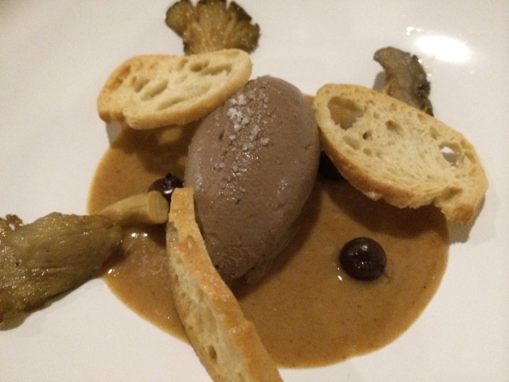 Chicken Liver Mousse with Mushroom, Hazelnut Praline, Pickled Blueberries and Toast