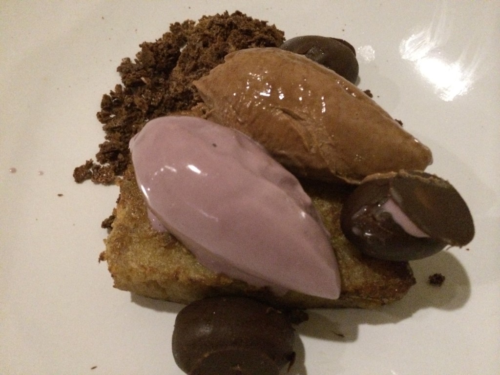 Peanut Butter Ganache, Roasted Grape Ice Cream, Griddled Pound Cake and Chocolate Feuilletine