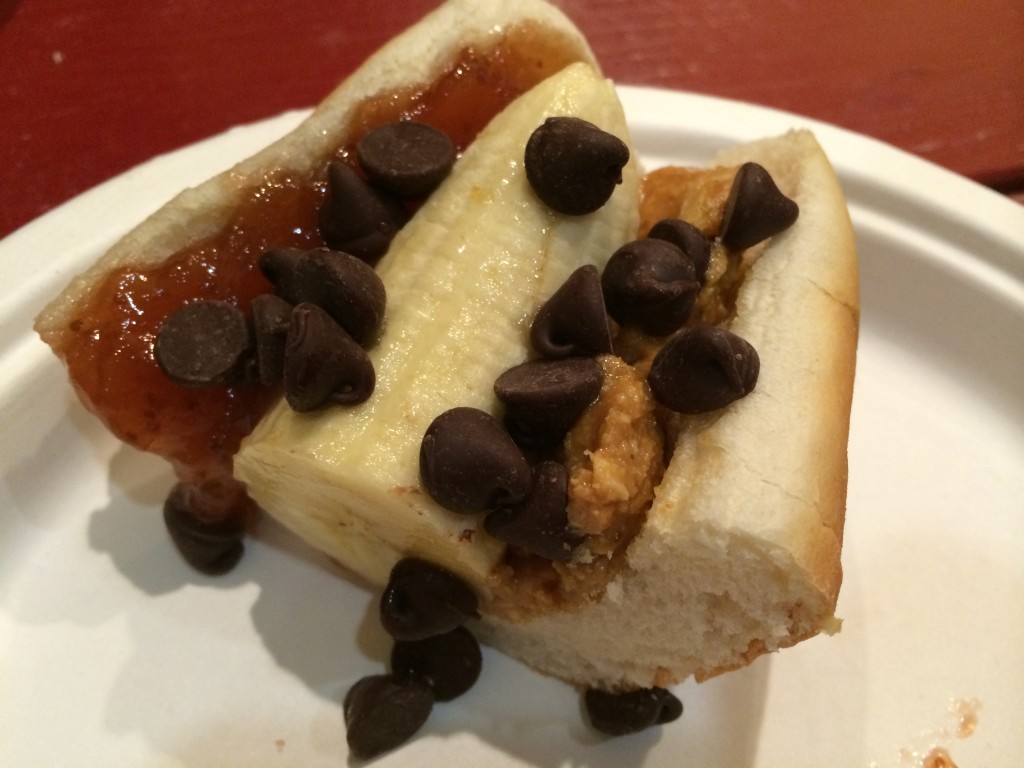 Dogwich (Banana, Peanut Butter, Jelly and Chocolate Chips on a Hot Dog Bun)