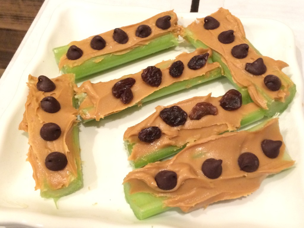 Ants on a Log (Celery Sticks with Peanut Butter and Raisins or Chocolate Chips)