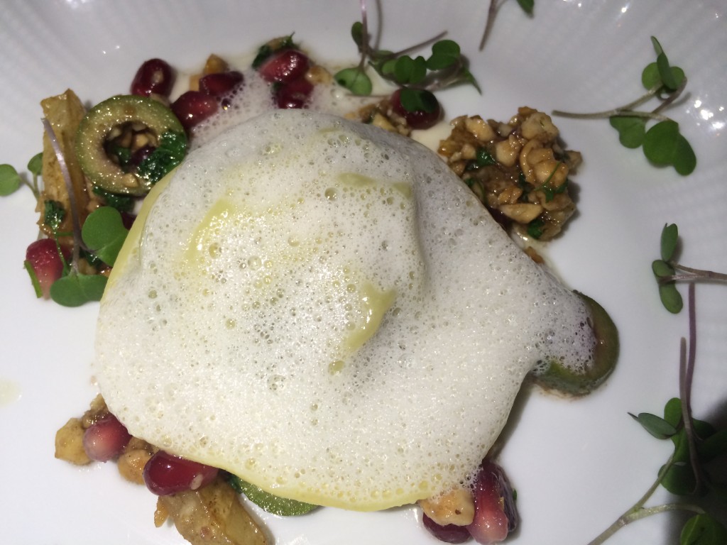 Duck Raviolo with Winter Greens, Celeriac and Valoute