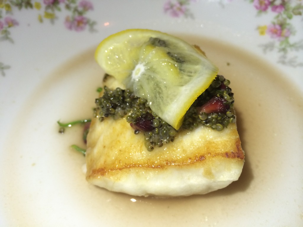 Sturgeon with Tea, Tomburri and Dandelion